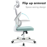 Green flip-up armrest office chair with ergonomic design and adjustable comfort.