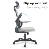 Modern grey office chair with flip-up armrests and ergonomic lumbar support