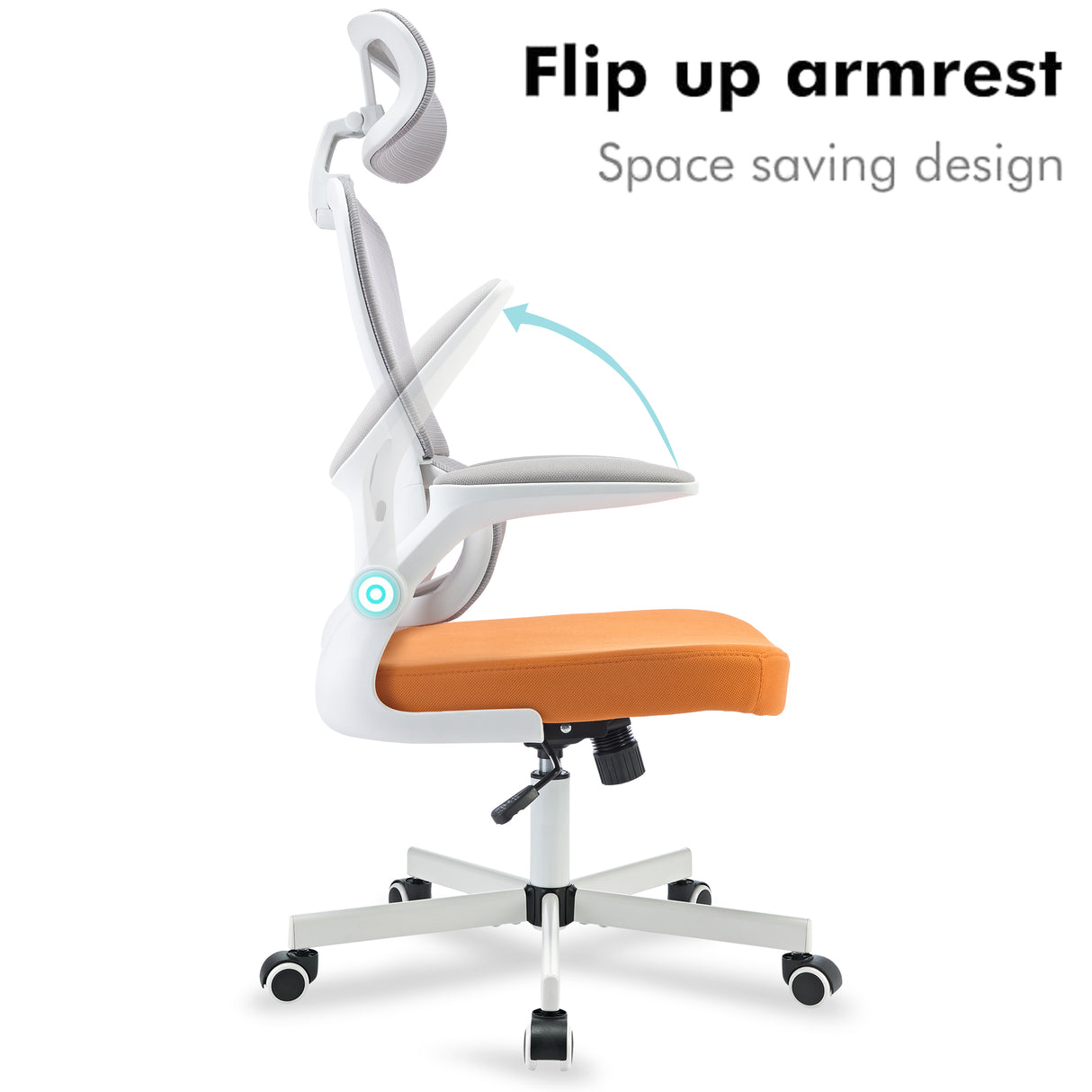 Flip-up armrest orange office chair with ergonomic design and adjustable headrest.