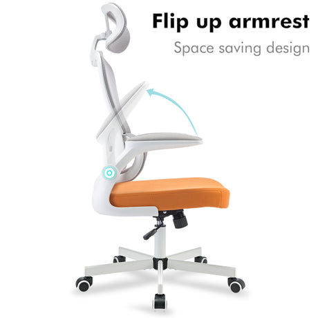 Flip-up armrest orange office chair with ergonomic design and adjustable headrest.