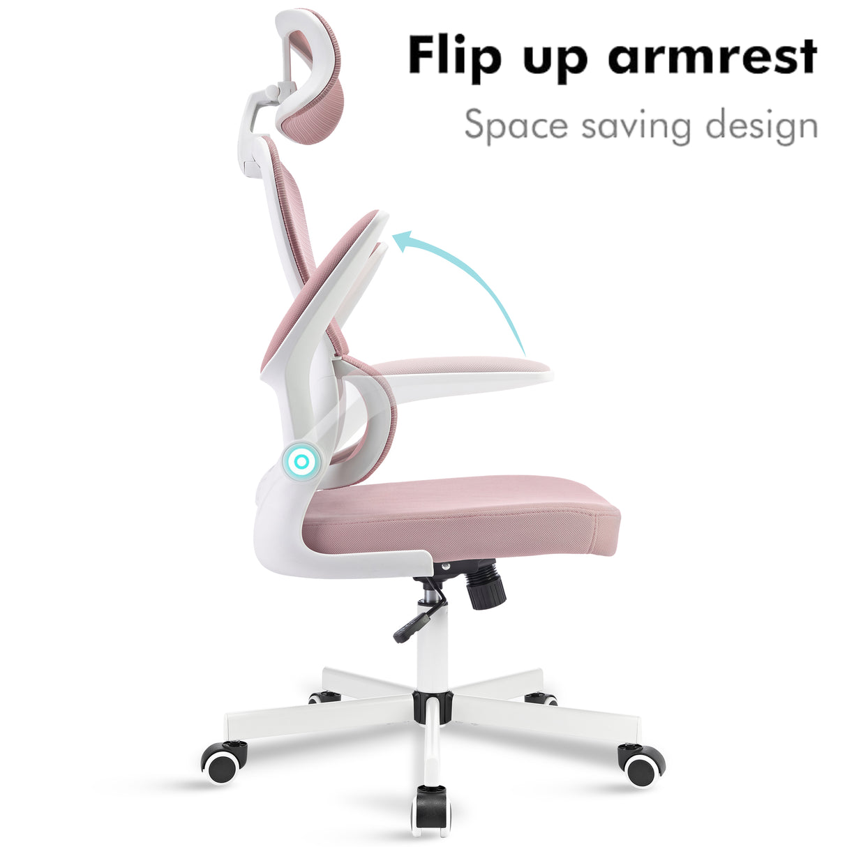 Pink office chair with ergonomic design and flip-up armrests for flexible use