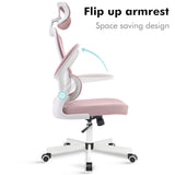 Pink office chair with ergonomic design and flip-up armrests for flexible use