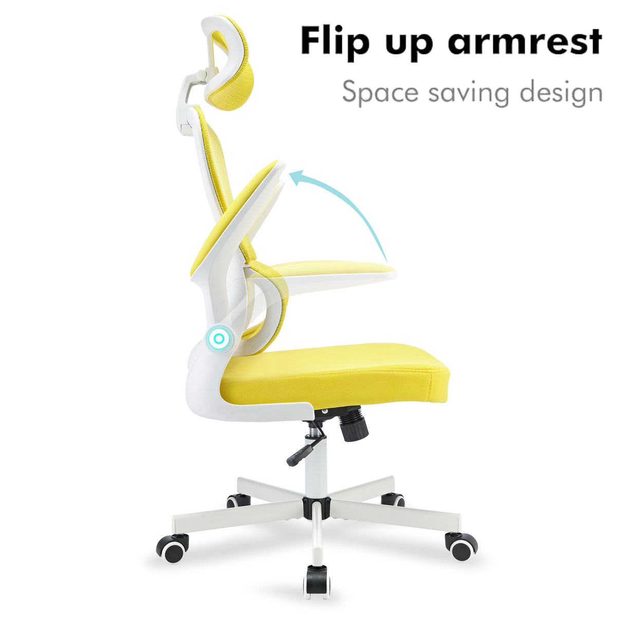 Yellow office chair with flip-up armrests, ergonomic design for adjustable comfort.