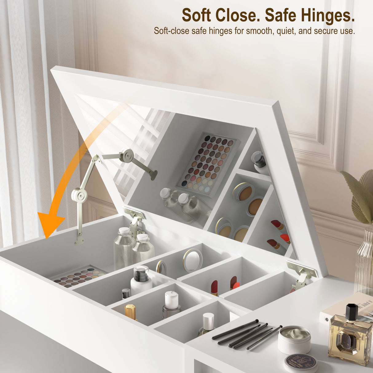 Makeup organizer with soft-close safe hinges in a well-lit room.