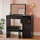 [Black] black flip-up mirror desk angled with raised mirror, pulled out drawer, and stool at left