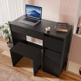 [Black] all-black flip-mirror vanity in desk mode with laptop, two side drawers stacked, and red book