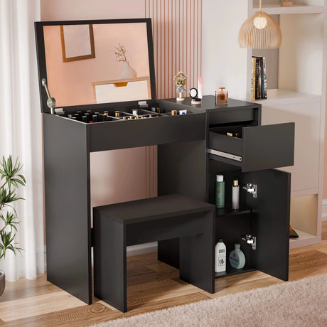 [Black] all-black flip-mirror desk with mirror lifted, side drawer pulled out, and skincare on shelves
