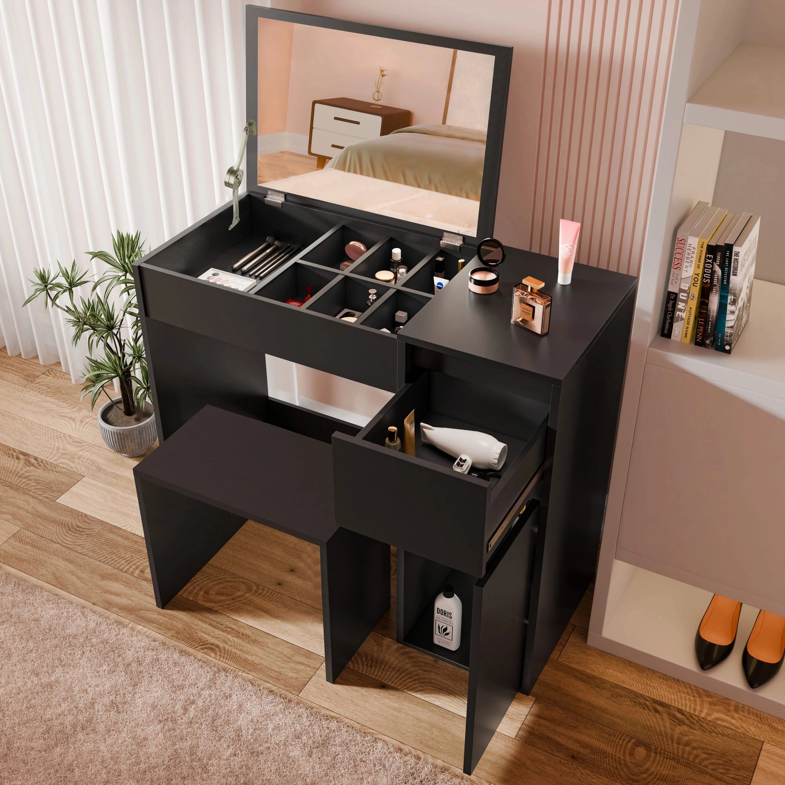 [Black] black dressing table from above with side drawer pulled open and a hairdryer inside