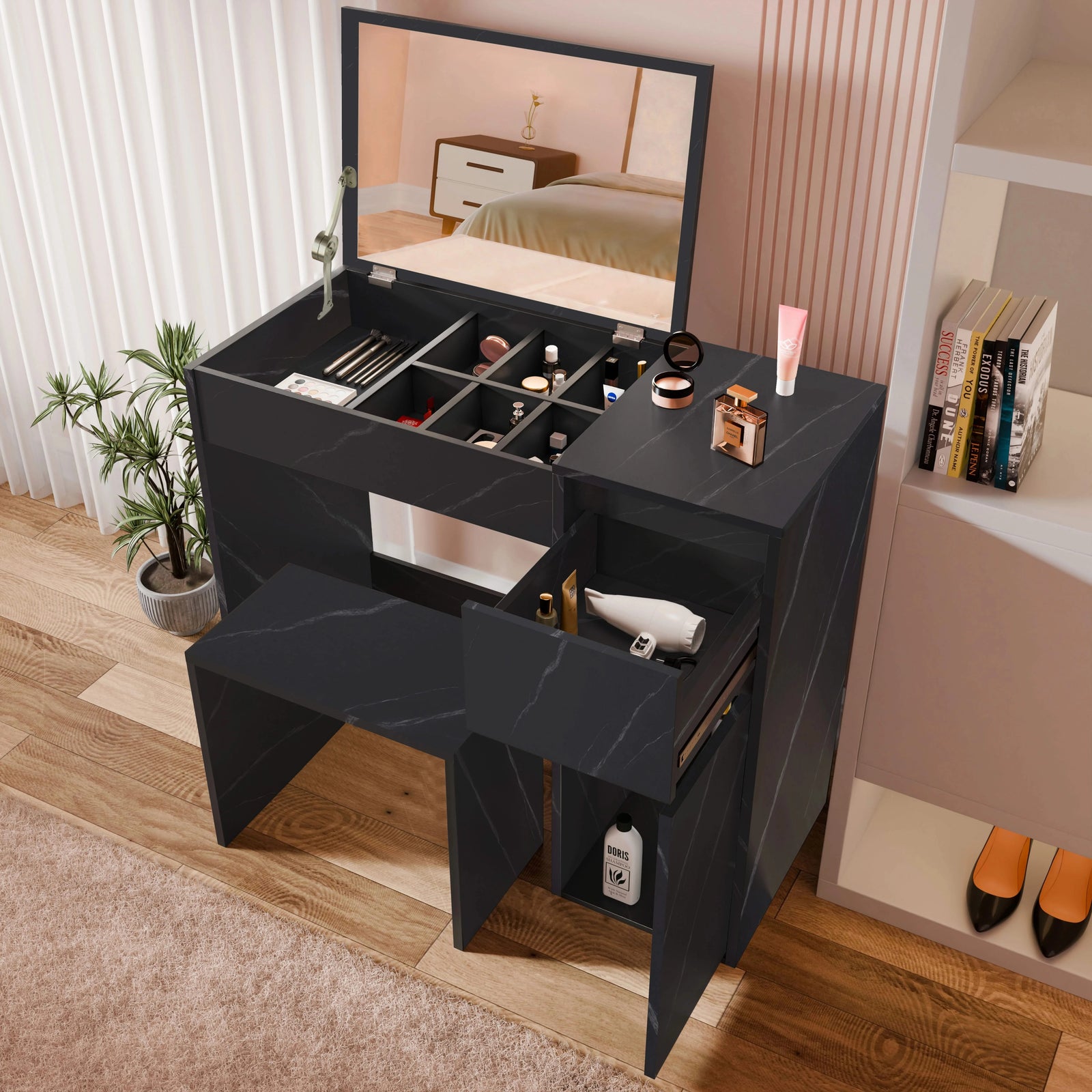 [Black Marble] black marble dressing table from above with side drawer pulled open and hairdryer inside