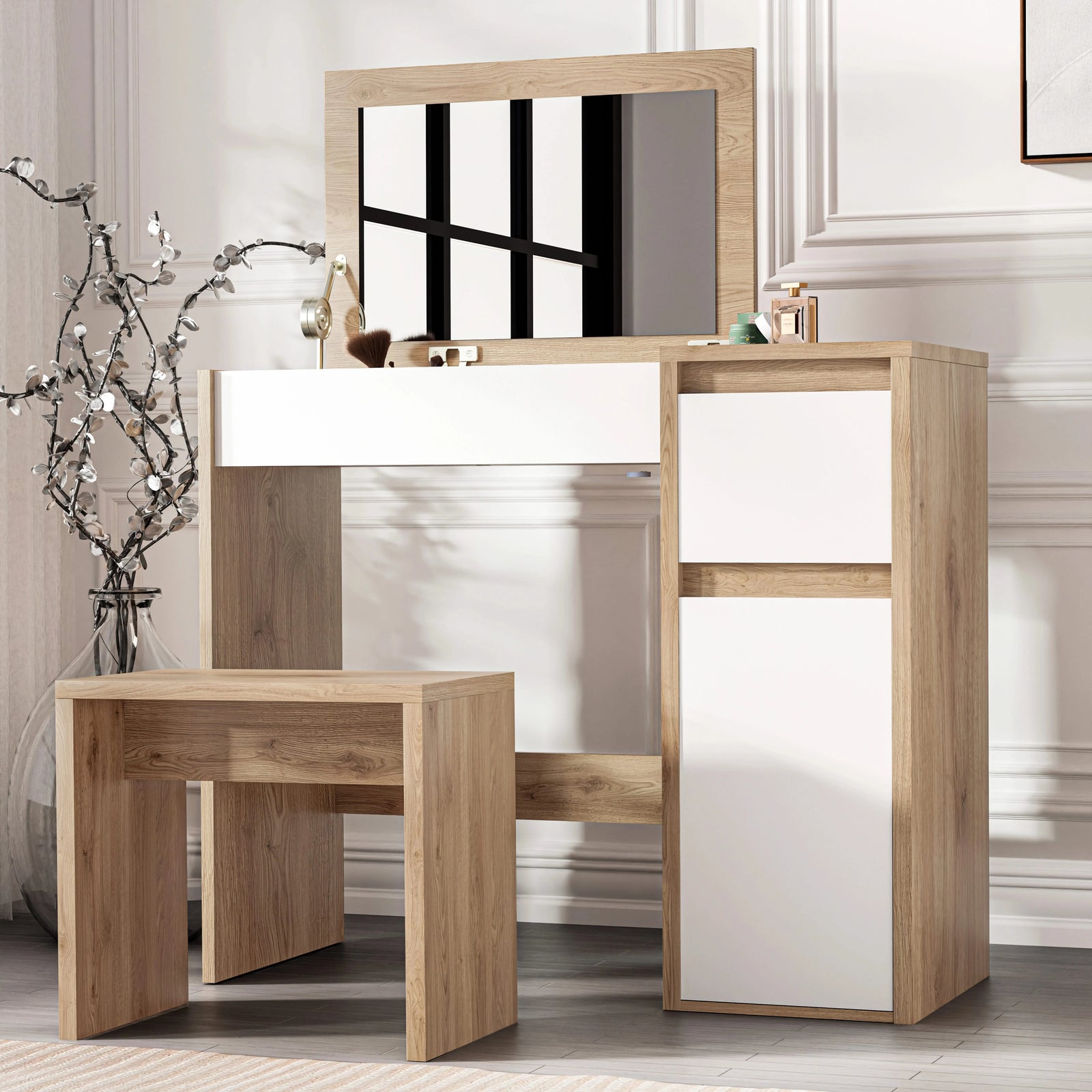 [Oak + White] oak frame mirror open over white worktop with sectioned tray, white side cabinet, and oak stool