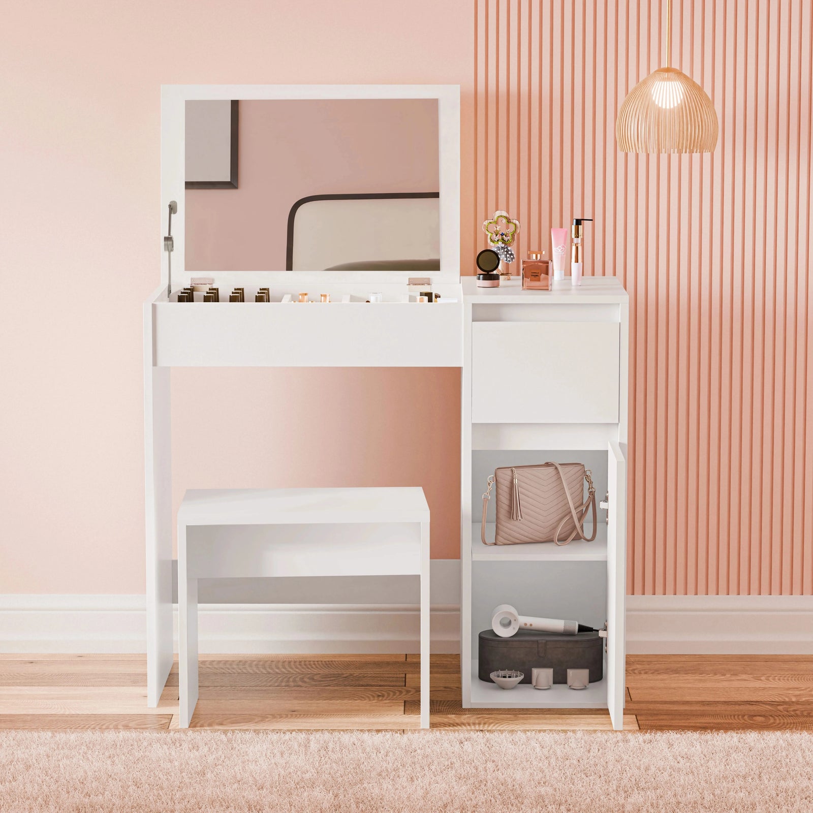 [White] front facing white dressing table showing makeup tray inside raised mirror and side shelves with bag