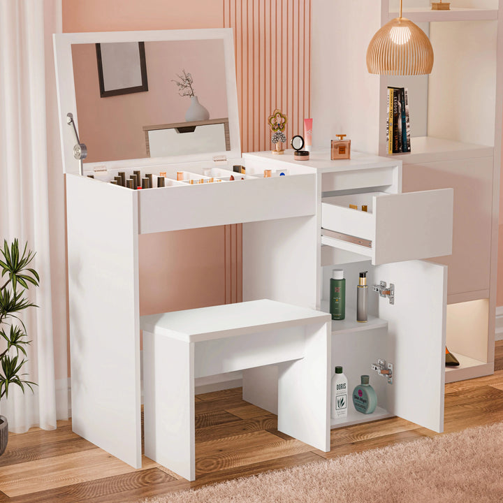 [White] white dressing table with flip-up mirror raised and right side cabinet door open showing two shelves
