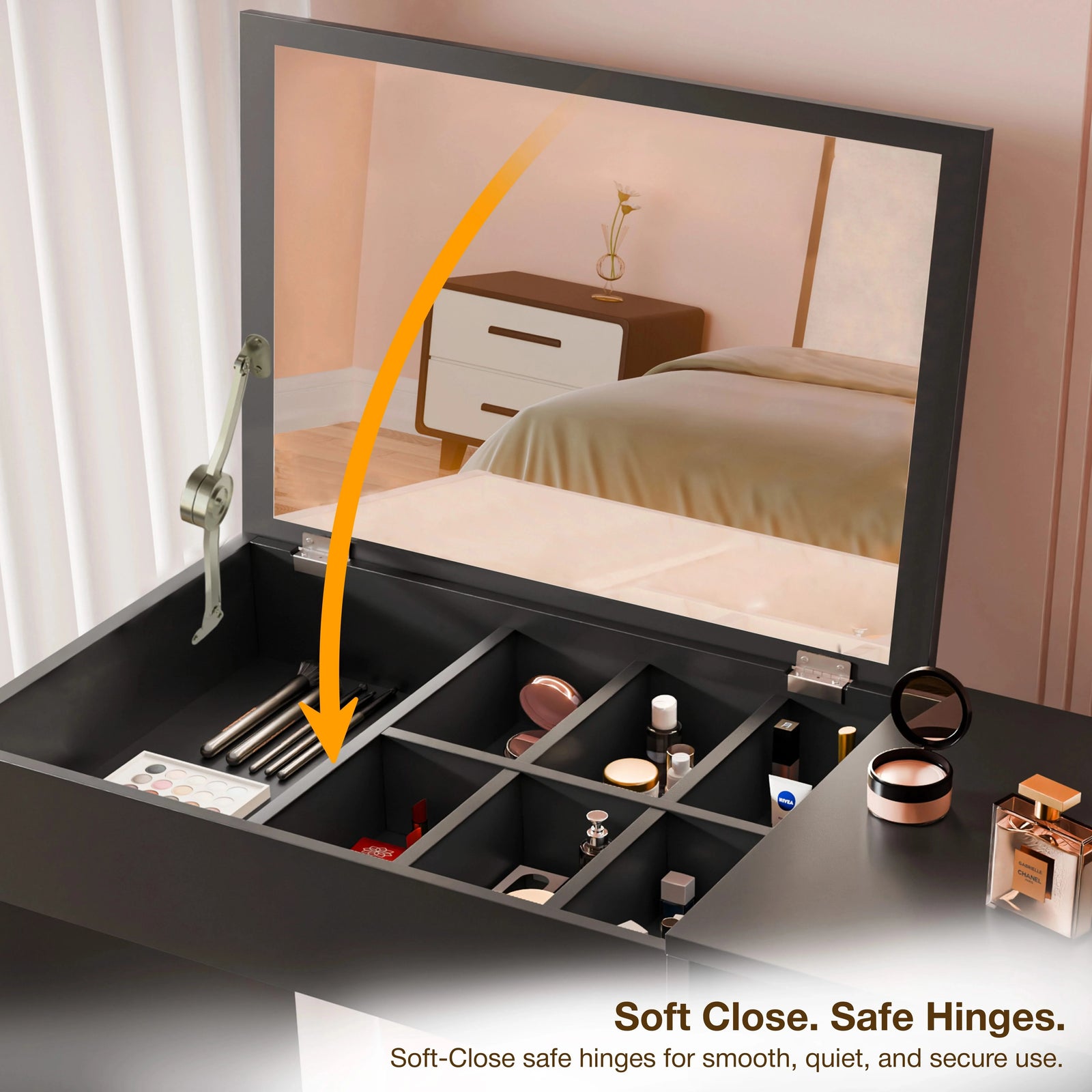 [Black] Flip-up mirror dressing table side-angle, drawer shut, accessories grouped on right desktop