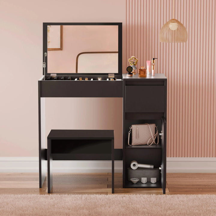 [Black] Dressing table with mirror up, makeup compartments inside lid, stool tucked under desk left