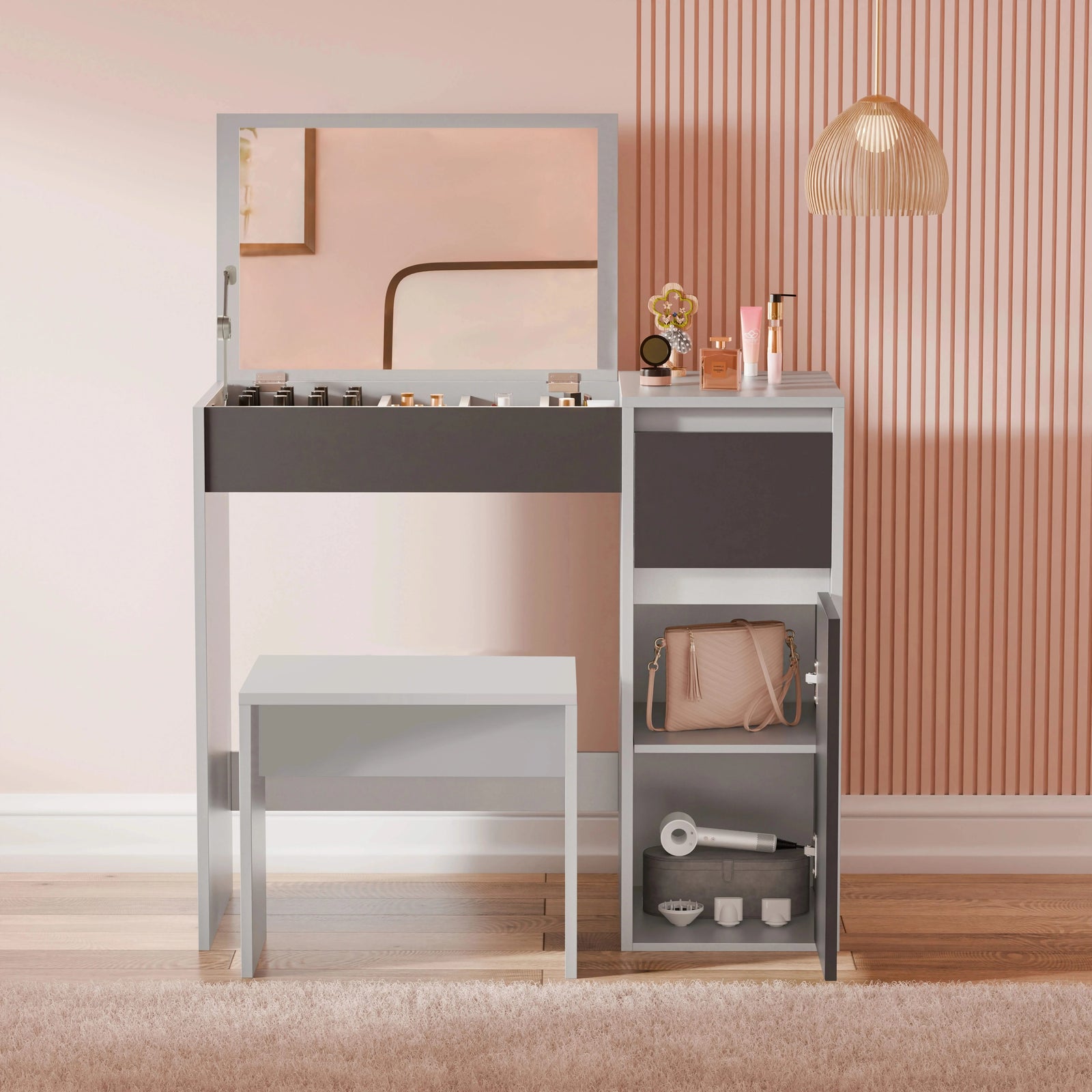 [Grey] Front-on dressing table, square mirror raised, stool centred, shelves with handbag and shoe