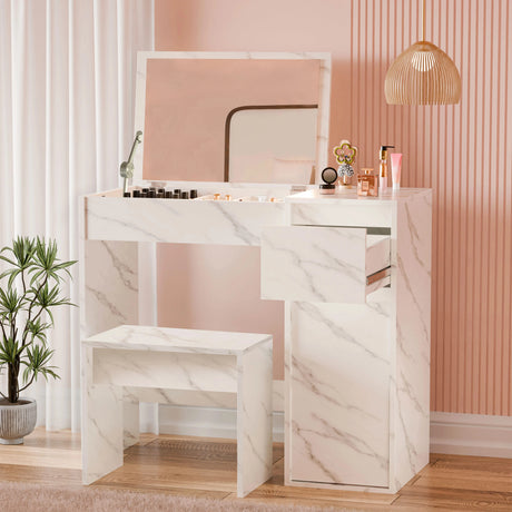 [White Marble] Angled dressing table view, stool left, perfumes and rose-gold caddy arranged on closed top