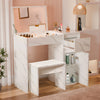 [White Marble] Dressing table with flip-up mirror raised, stool under desk, right cabinet door open showing two shelves