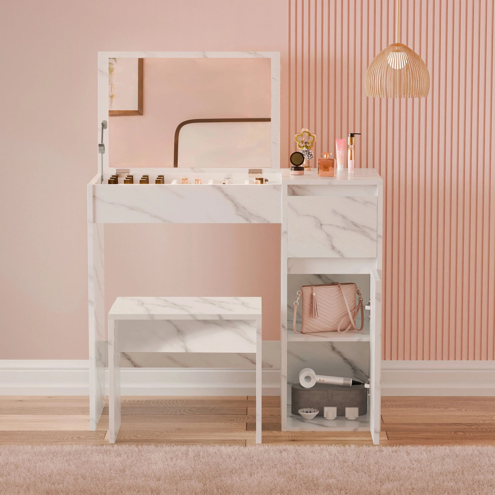 [White Marble] Front-on dressing table, square mirror raised, stool centred, right shelves with handbag and shoe