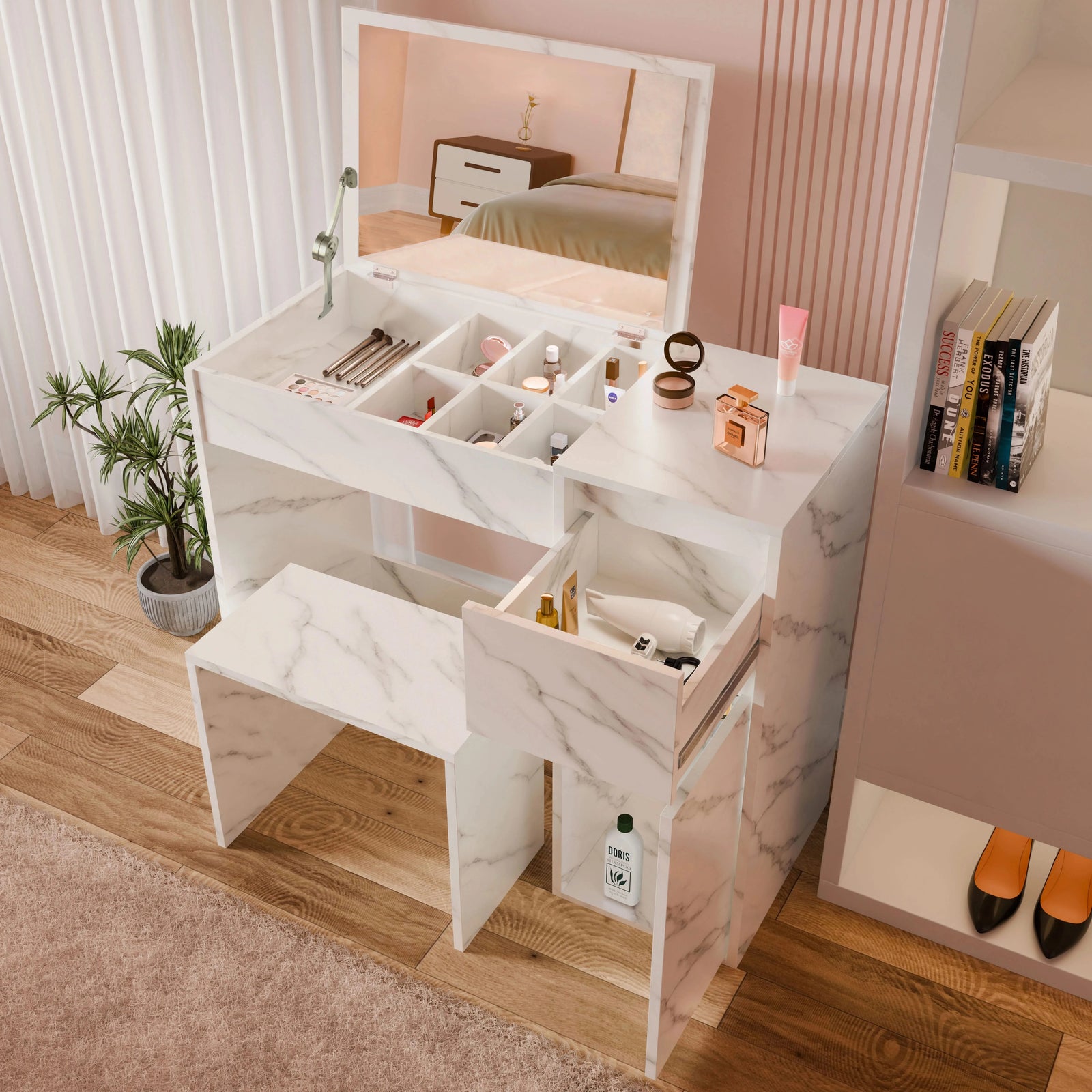 [White Marble] Vanity from above, top tray sectioned for brushes, stool slid out left, bed visible behind