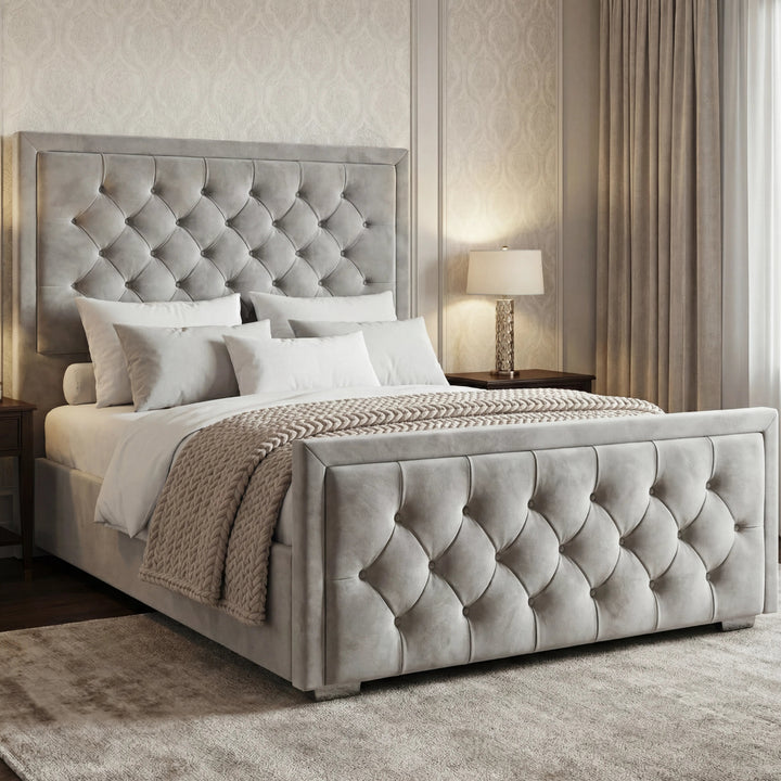 [King | Light Grey] Cross Puffed Ottoman Storage Bed in light grey velvet with tufted headboard and footboard