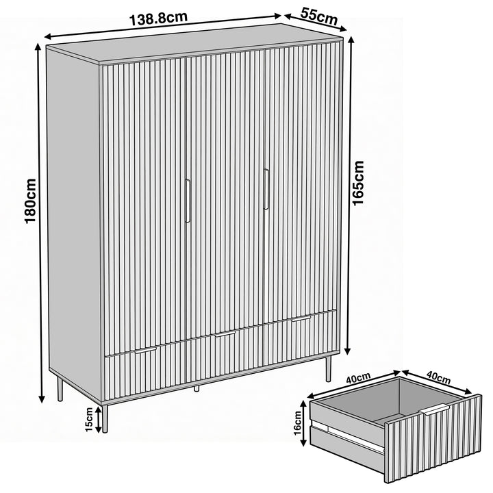 [Black] Flutrina 3 door wardrobe black dimensions diagram 138.8 cm wide 55 cm deep 180 cm tall, drawer 40 x 40 x 16