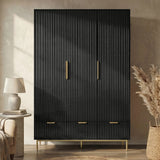 [Black] Flutrina 3 door wardrobe front, 3 black fluted doors with gold vertical handles and 3 drawers on gold legs