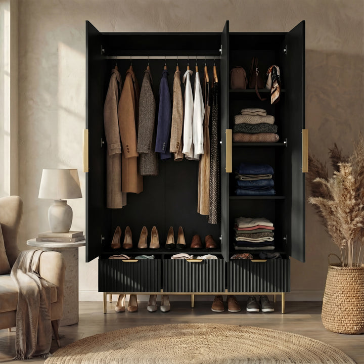 [Black] Flutrina 3 door wardrobe open in black, hanging rail with garments and four side shelves with folded items