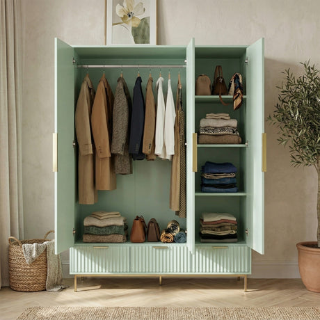 [Sage Green ] Flutrina 3 door wardrobe open, hanging rail with coats and four right-side shelves holding folded knits