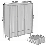 [White] Dimension diagram of white three door wardrobe with overall height 180 cm, width 138.5 cm, and depth 55 cm with drawer sizes