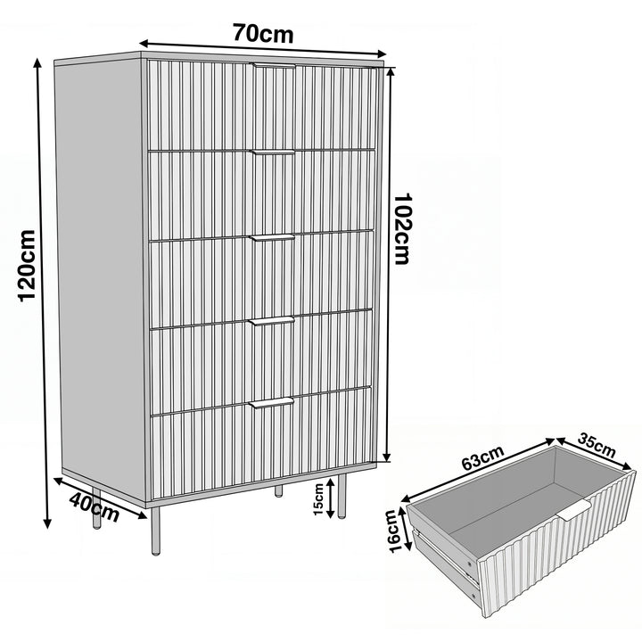 [Black] chest of drawers dimension diagram with width 70 cm, height 120 cm, and depth 40 cm, with drawer sizes