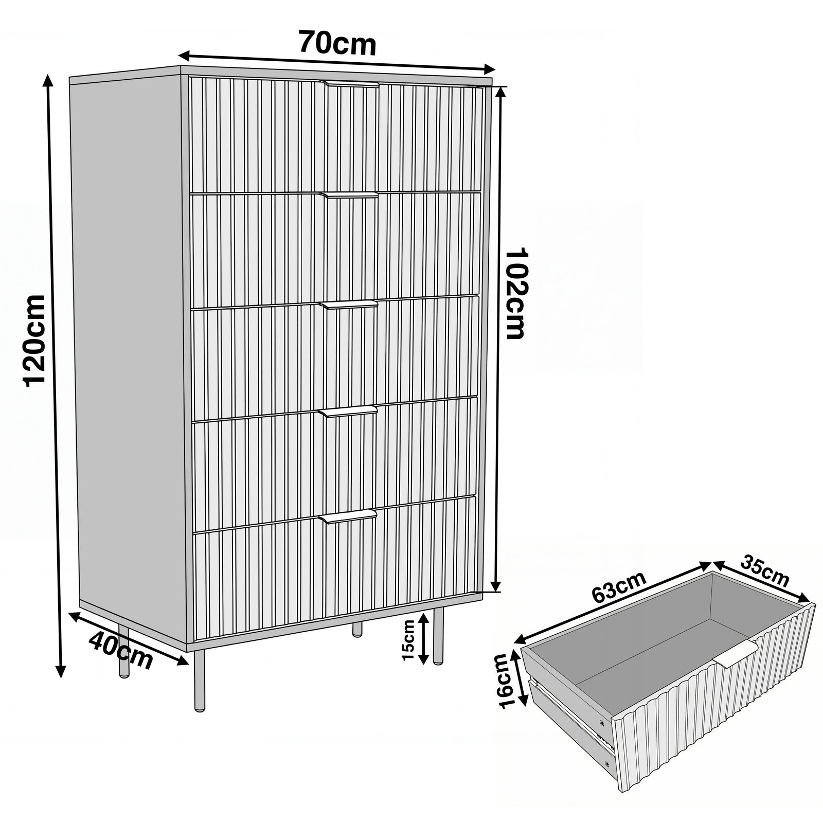 [Grey] chest of drawers dimension diagram with width 70 cm, height 120 cm, and depth 40 cm, with drawer sizes
