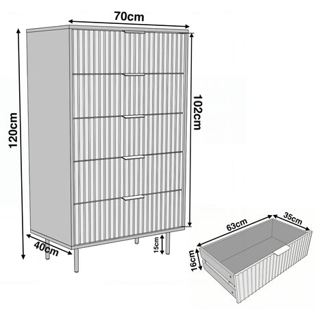 White chest of drawers dimension diagram with width 70 cm, height 120 cm, and depth 40 cm, with drawer sizes