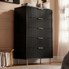 Black painted 5 drawer chest with vertical flutrina drawer fronts and gold tone metal handles