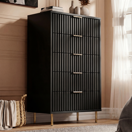 Black painted 5 drawer chest with vertical flutrina drawer fronts and gold tone metal handles