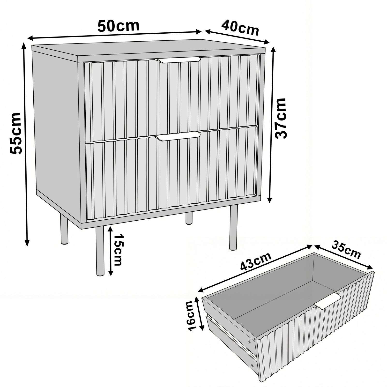 [Black] Flutrina bedside table dimension diagram showing 50 cm width, 40 cm depth, 55 cm height, with the drawer details