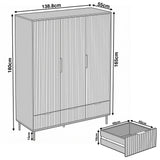 Dimension diagram of white black door wardrobe with overall height 180 cm, width 138.5 cm, and depth 55 cm with drawer sizes