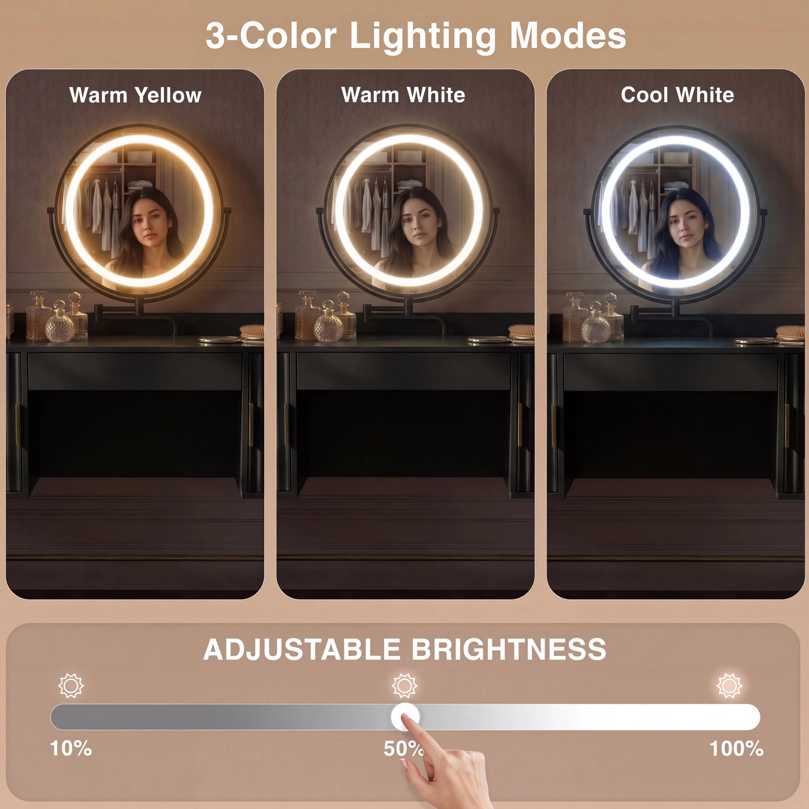 [Black] Dressing table LED mirror showing 3 colour lighting modes and a touch slider for adjustable brightness control
