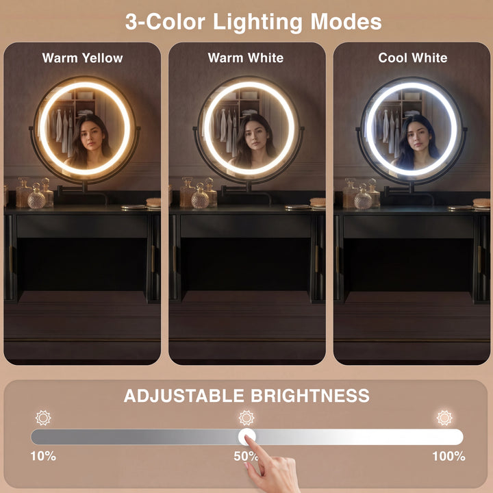 [Black] Dressing table LED mirror showing 3 colour lighting modes and a touch slider for adjustable brightness control