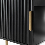 Close-up of a black flutrina vanity table with a modern, minimalist design and a gold handle on the drawer