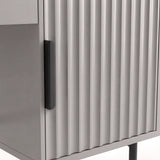 View of a grey flutrina design dressing table with clean black handle on its storage compartment and black metal legs