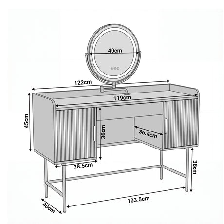 [Grey] dimensions diagram of the grey dressing table: width 119cm, depth 40cm, height 83cm, 40cm round mirror
