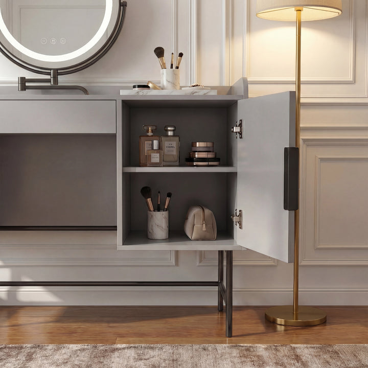 [Grey] detail of the grey dressing table drawer pulled open showing makeup palettes and brushes on a grey base