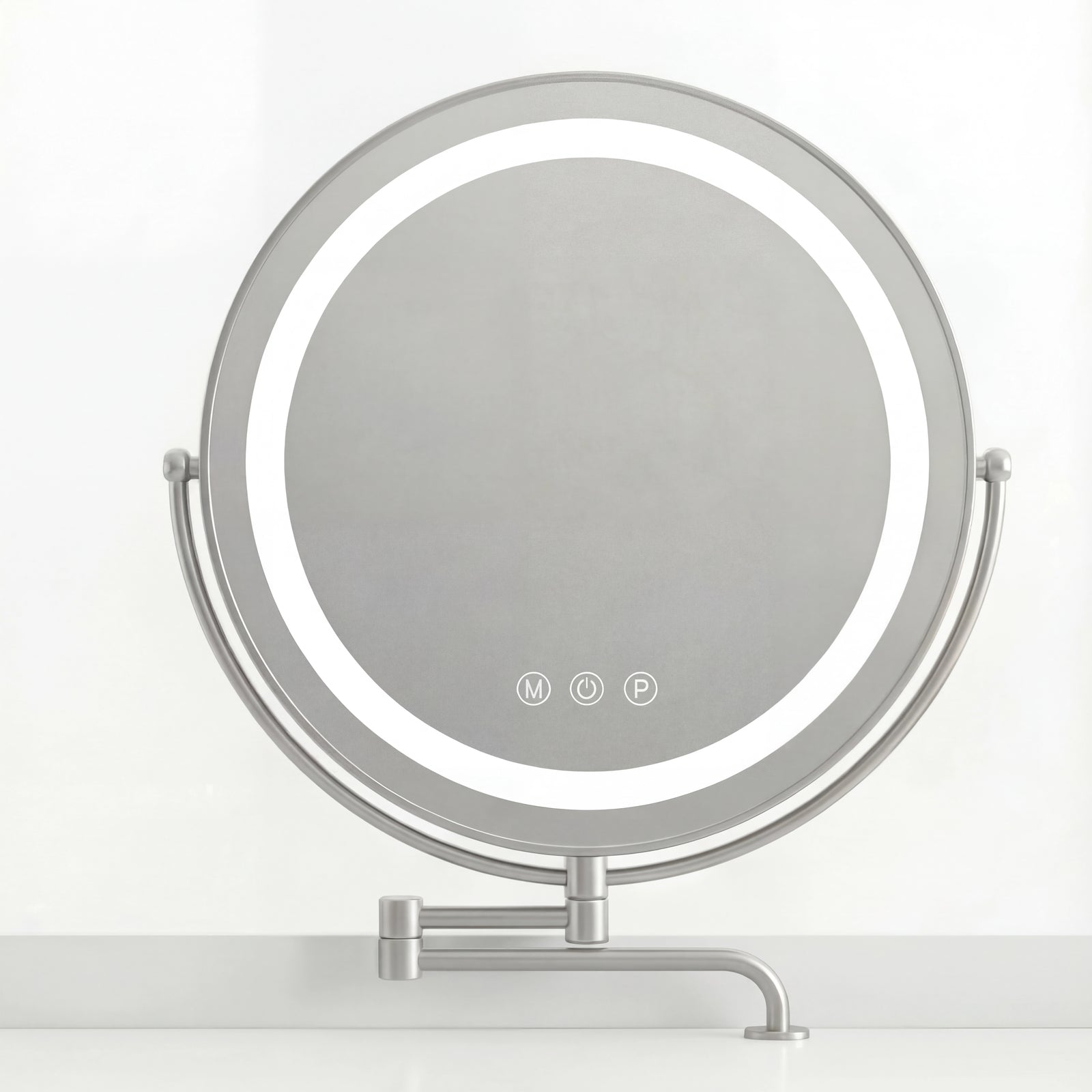 [White] close-up of the round LED mirror with three touch keys on the lower bezel and a silver swivel arm