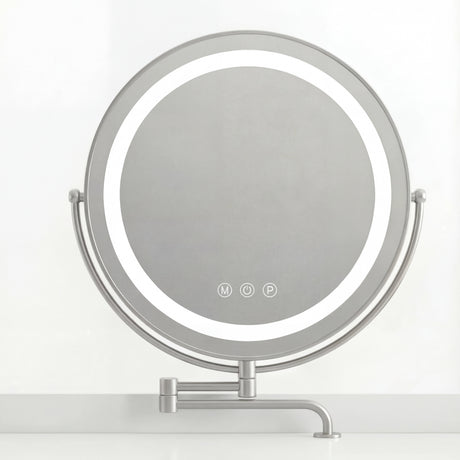 [White] close-up of the round LED mirror with three touch keys on the lower bezel and a silver swivel arm