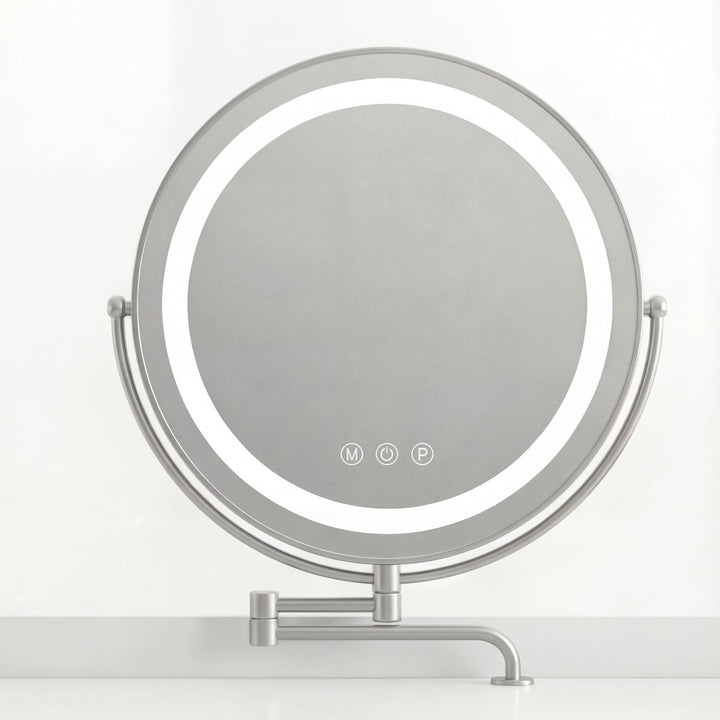 [White] close-up of the round LED mirror with three touch keys on the lower bezel and a silver swivel arm