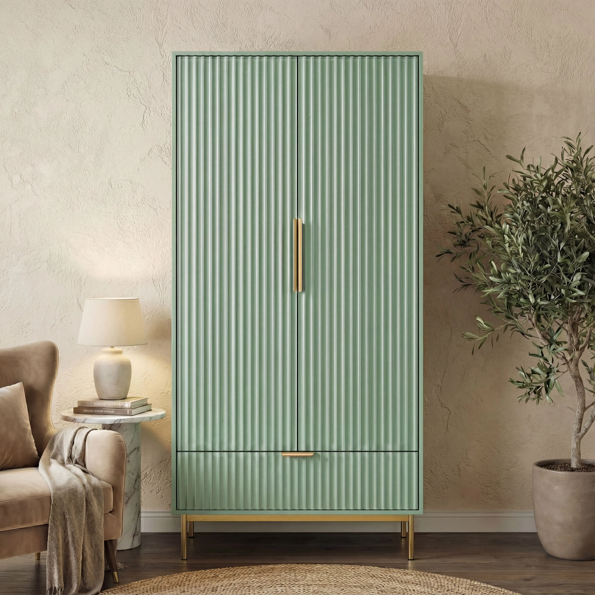 Green painted 2 door wardrobe with integrated drawer in contemporary natural light room setting