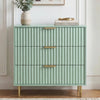 [Sage Green] Flutrina 3 drawer chest with vertical ribbed finish and golden metal support legs showing the sturdy base