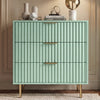 Green Flutrina 3 drawer chest with vertical ribbed finish and golden metal support legs showing the sturdy base
