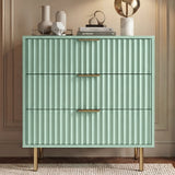 Green Flutrina 3 drawer chest with vertical ribbed finish and golden metal support legs showing the sturdy base