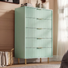 Green painted 5 drawer chest with flutrina drawer fronts and gold finish metal handles and legs